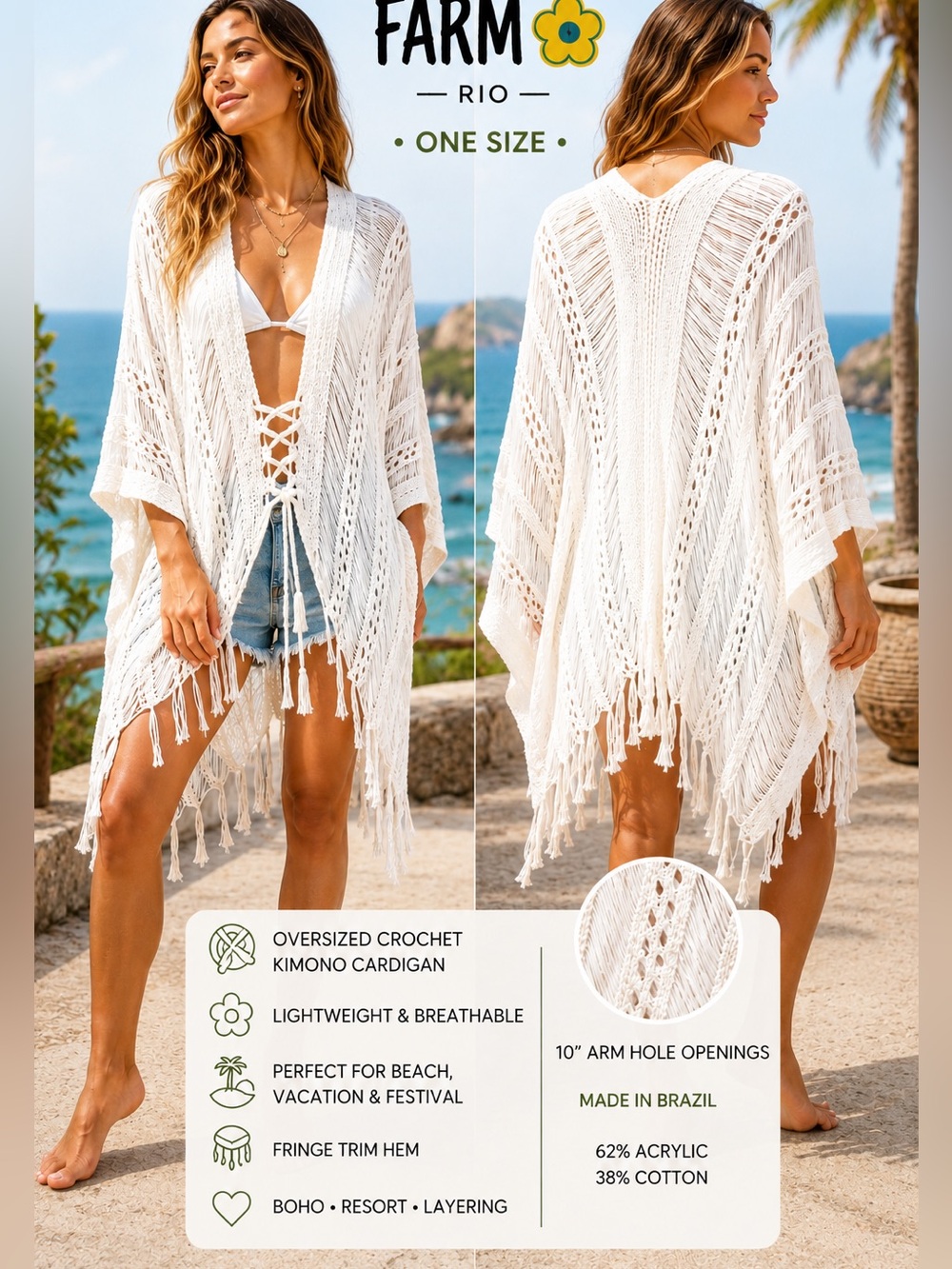 FARM Rio womens Oversized Crochet Fringe ivory Kimono Cardigan hippiechic one sz
